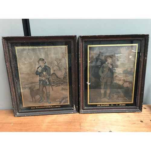 601 - PAIR OF EARLY FRAMED PRINTS ‘SHEPHERD IN A STORM’ AND ‘WOODMAN GOING TO LABOUR’ TOGETHER WITH 2 OTHE... 