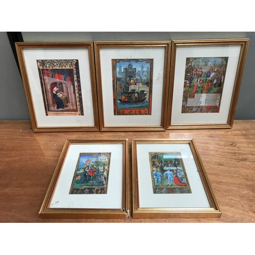 617 - 5 VARIOUS FRAMED AND ILLUMINATED BOOK PLATES TOGETHER WITH A FRAMED PHEASANT EMBROIDERY