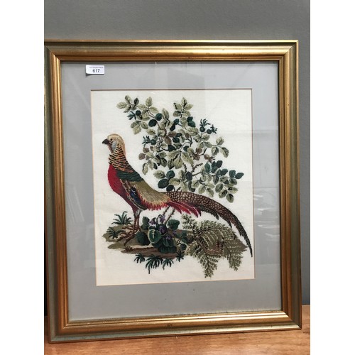 617 - 5 VARIOUS FRAMED AND ILLUMINATED BOOK PLATES TOGETHER WITH A FRAMED PHEASANT EMBROIDERY