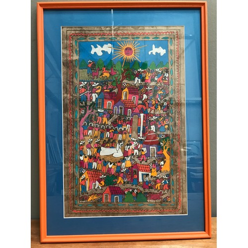 618 - AN INTERESTING MEXICAN MAYAN INDIAN PAINTING ON HAND MADE PAPER DEPICTING A WEDDING, APPROX. 52 X 34... 