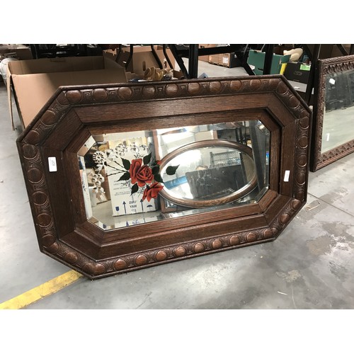 637 - OAK FRAMED HEXAGONAL MIRROR WITH FLORAL DECORATION