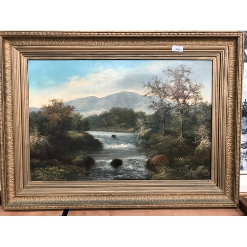 516 - OIL ON CANVAS, LANDSCAPE RIVER SCENE WITH WATERFALL WITH BACKDROP OF MOUNTAINS, SIGNED W. RICHARDS, ... 