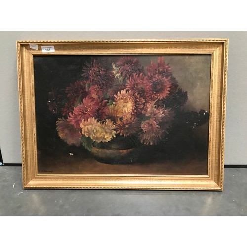 561 - OIL ON CANVAS STUDY VASE OF CHRYSANTHEMUMS, SIGNED A HOBROUGH, APPROX. 49 X 34cm