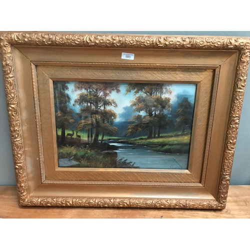 593 - OIL ON BOARD, H. LAWRENCE WOODED RIVER SCENE WITH DEER, 44 x 28cm, LIMITED EDITION PRINT 300/490 OF ... 