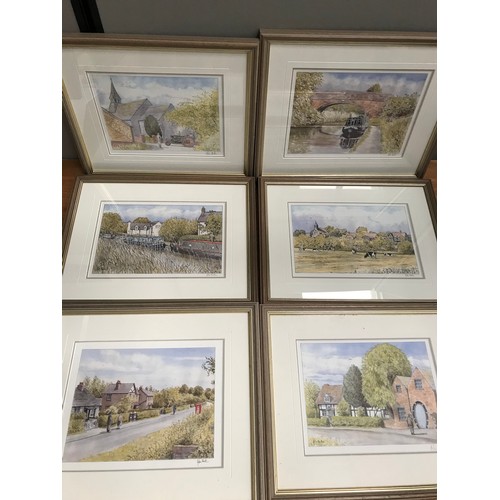 591 - SET OF 6 JOHN HORTON WATERCOLOUR PRINTS DEPICTING TIBBERTON, WORCESTERSHIRE VILLAGE SCENES. TOGETHER... 