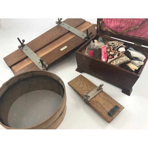 718 - TROUSER PRESS, TIE PRESS, SEWING BOX AND CONTENTS AND WOODEN SIEVE, PLUS 3 TINS OF BUTTONS