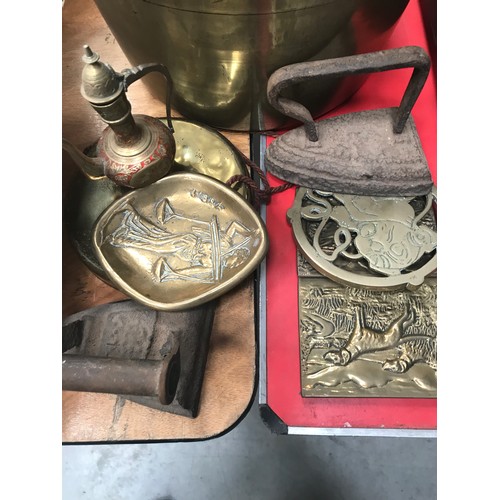 821 - BRASS JAM PAN, VARIOUS OTHER MISC. COPPER AND BRASSWARE AND 2 COLD IRONS