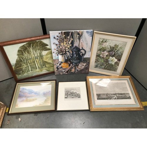 559 - 6 MISCELLANEOUS PRINTS, WATERCOLOURS AND OIL STILL LIFE STUDY SIGNED TENNISON