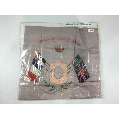 1669 - WW1 LARGE EMBROIDERED PHOTO HOLDER WITH 
“MEMORIAL FOR THE VICTORY OF ALLIES” AND ALLIES’ FLAGS - MA... 