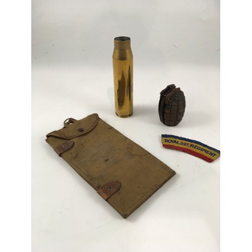 1676 - 1915 MILLS BOMB (DEACTIVATED), MODERN BRASS SHELL CASE, CANVAS & LEATHER MAP HOLDER & FRENCH CANADIA... 