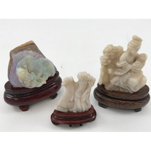 1985 - 3 OPAL CARVINGS, DEPICTING SHOU LAO, CARVED PANEL DEPICTING SHELL AND ANOTHER CARVED FIGURE DEPICTIN... 