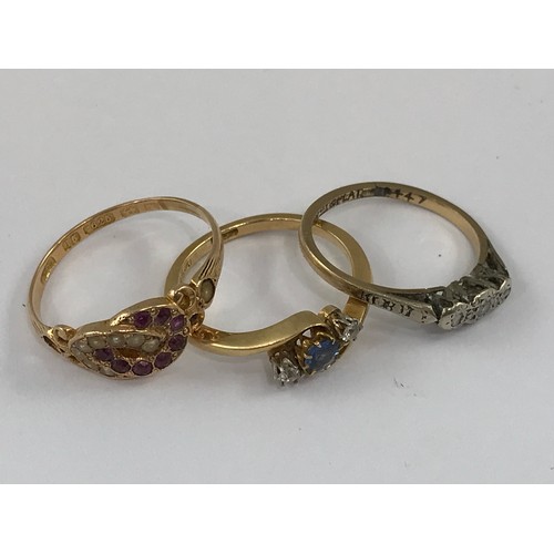 2174 - GEORGIAN RUBY AND PEARL 15 ct GOLD RING AND 2 OTHERS