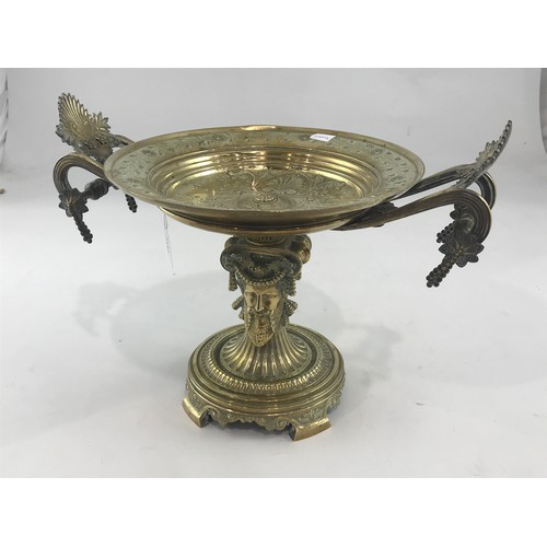 1812 - A VERY IMPRESSIVE GILT BRASS TWIN HANDLED TAZZA WITH BACCHUS MASK FLUTED PEDESTAL ON CIRCULAR PLATFO... 