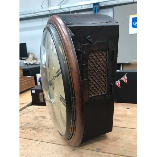 1817 - FUSEE WALL CLOCK WITH CONVEX GLASS IN MAHOGANY CASE, CHIMING MECHANISM LACKING BELL