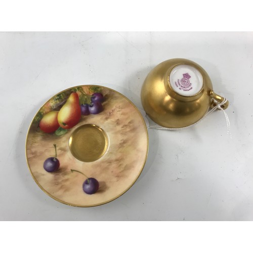 1736 - A ROYAL WORCESTER MINIATURE CUP AND SAUCER WITH PUCE MARK DECORATED STILL LIFE FRUIT SIGNED H AYRTON... 