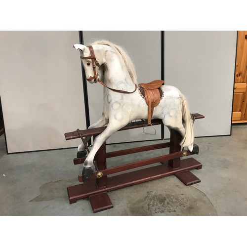 2 - LARGE WHITE ROCKING HORSE WITH LEATHER STYLE SADDLE, HEAVY HINGES, MANE AND TAIL APPROX. 46 INCHES H... 