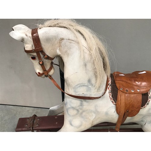 2 - LARGE WHITE ROCKING HORSE WITH LEATHER STYLE SADDLE, HEAVY HINGES, MANE AND TAIL APPROX. 46 INCHES H... 