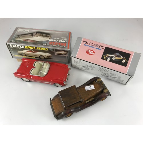 271 - BOXED MF317 OPEN SEDAN HEAVY GAUGE DIE CAST MODEL PLUS A SOLID STATE 1931 CLASSIC AND A WOODEN CAR