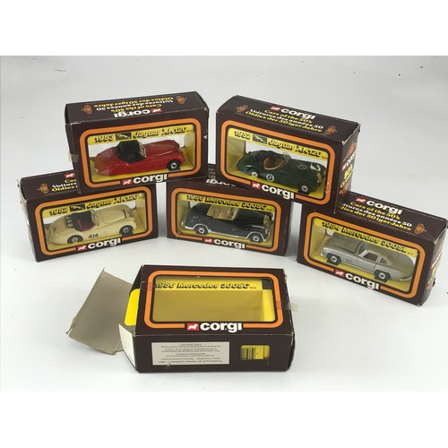 273 - 5 BOXED CORGI CARS IN THE OPEN PERSPEX BOXES, BROWN COLOURED 1950S CLASSICS COMPRISING 811 MERCEDES ... 