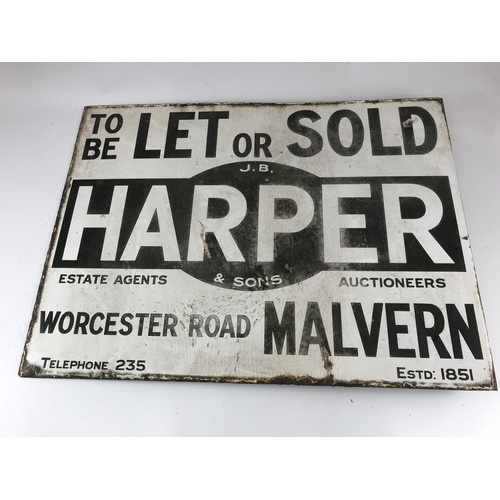 99 - ENAMELLED SIGN, 'TO BE LET OR SOLD, J.B.HARPER & SONS, WORCESTER ROAD, MALVERN', DOUBLE SIDED, APPRO... 