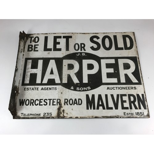 99 - ENAMELLED SIGN, 'TO BE LET OR SOLD, J.B.HARPER & SONS, WORCESTER ROAD, MALVERN', DOUBLE SIDED, APPRO... 