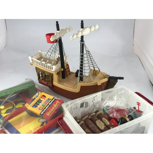 308 - LARGE QUANTITY OF PARTLY BOXED PLAYMOBIL CHILDRENS TOYS, ACCESSORIES ETC. A PIRATE SHIP AND CHARACTE... 