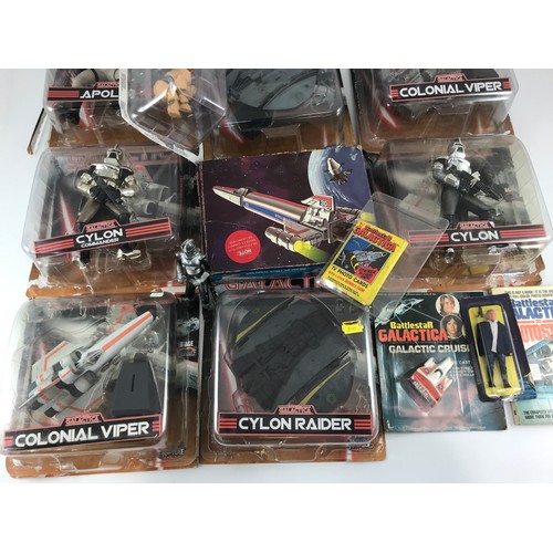 255 - JOY RIDE AND SIMILAR BATTLESTAR GALACTICA PLASTIC BOXED CHARACTERS AND SPACE SHIPS, 12 IN TOTAL, MOS... 