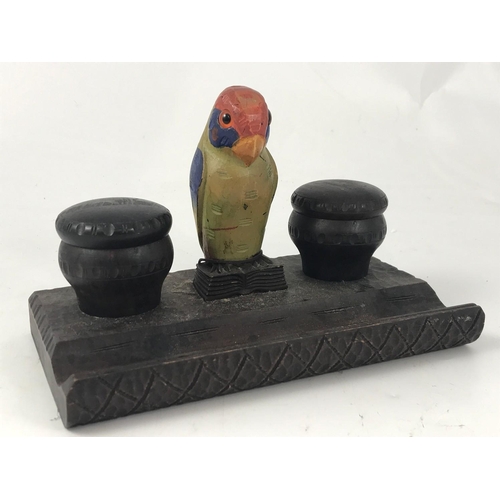 1038 - UNUSUAL DESK STAND WITH PARROT DECORATION A ROUND BOX AND COVER AND 1 OTHER