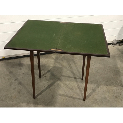 109 - ELEGANT EDWARDIAN MAHOGANY CARD TABLE WITH FOLD OVER TOP, BAIZE PLAYING SURFACE, SHELL INLAY AND SQU... 