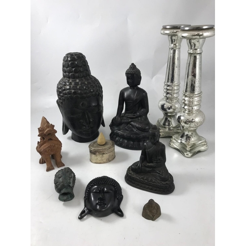 1136 - BOX CONTAINING BUDDHAS,  TREEN CARVINGS ETC