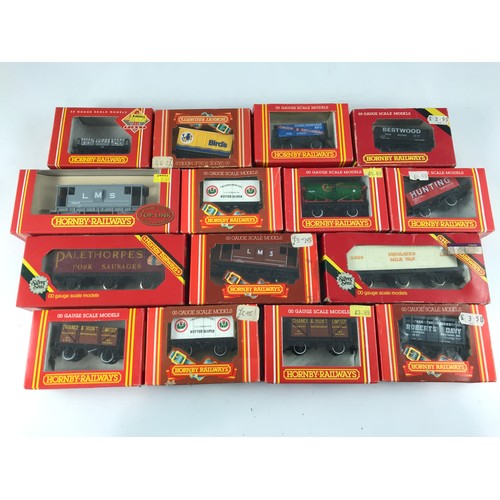 123 - TRAY OF BOXED HORNBY MODEL RAILWAY WAGONS, MOSTLY PRIVATE OWNER, 15 IN TOTAL