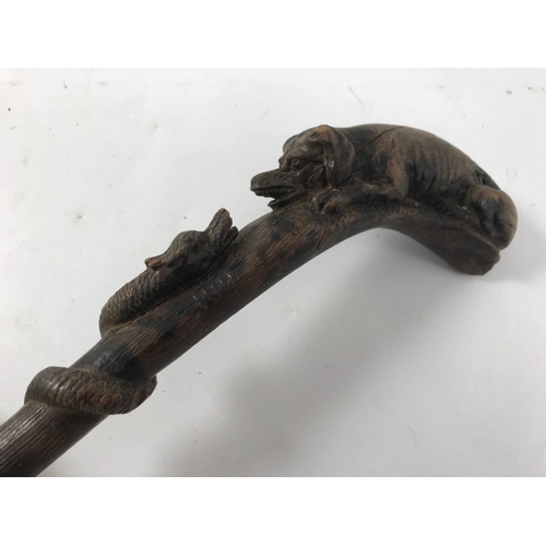 1141 - WALKING STICK WITH WELL CARVED DOG AND SNAKE DECORATION