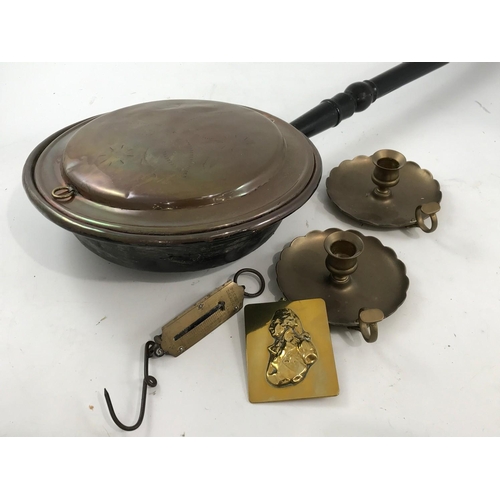 1148 - MISC INCLUDING WARMING PAN, PAIR OF CHAMBER STICKS, SMALL BRASS PANEL AND SCALES