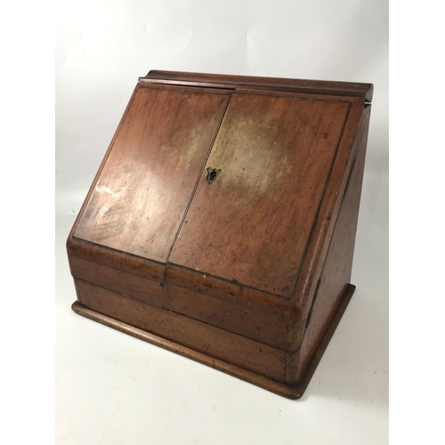 1159 - VICTORIAN MAHOGANY STATIONARY CABINET WITH SLOPING FRONT AND HINGED DOUBLE DOORS, FITTED INTERIOR