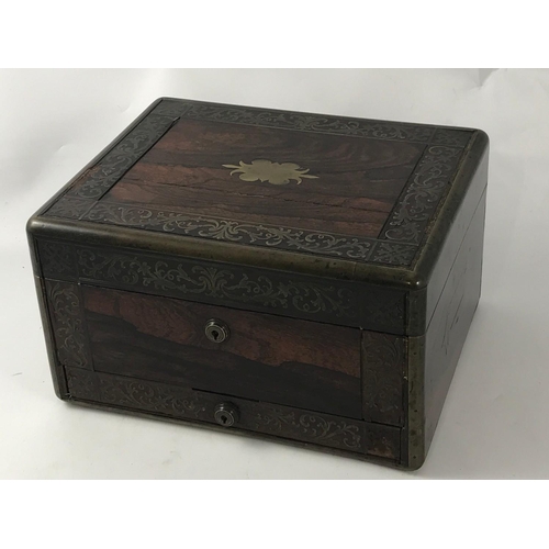 1161 - BRASS BOUND ROSEWOOD JEWELLERY BOX WITH INLAID BRASS DECORATION, BRAMAH LOCK