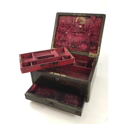 1161 - BRASS BOUND ROSEWOOD JEWELLERY BOX WITH INLAID BRASS DECORATION, BRAMAH LOCK