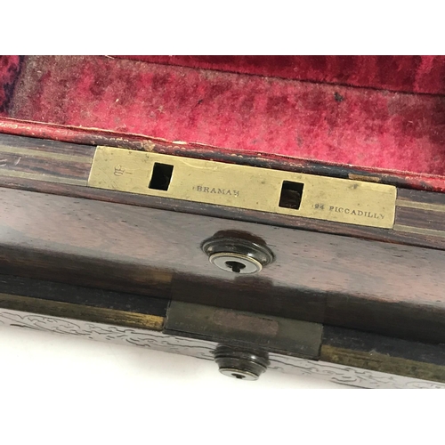 1161 - BRASS BOUND ROSEWOOD JEWELLERY BOX WITH INLAID BRASS DECORATION, BRAMAH LOCK