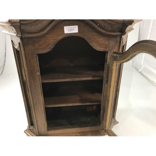 1201 - SMALL OAK MINIATURE DISPLAY CABINET WITH SHELVES AND GLAZED FRONT