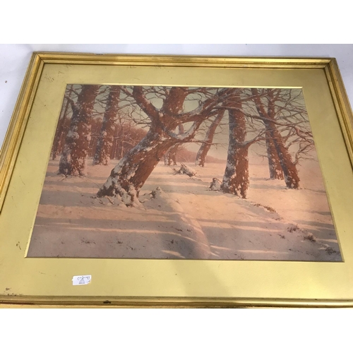 1307 - 2 WATERCOLOURS IN GILT FRAMES, ONE DEPICTING A WINTER SCENE THE OTHER A RURAL SCENE WITH CATTLE, upd... 