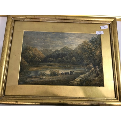 1307 - 2 WATERCOLOURS IN GILT FRAMES, ONE DEPICTING A WINTER SCENE THE OTHER A RURAL SCENE WITH CATTLE, upd... 