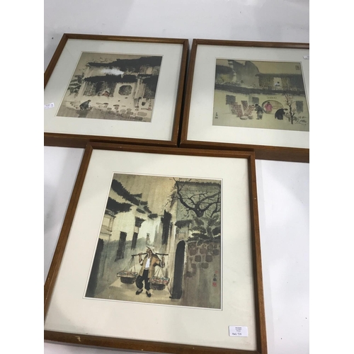 1308 - FRAMED ORIENTAL SILK EMBROIDERY TOGETHER WITH 3 ORIENTAL PRINTS