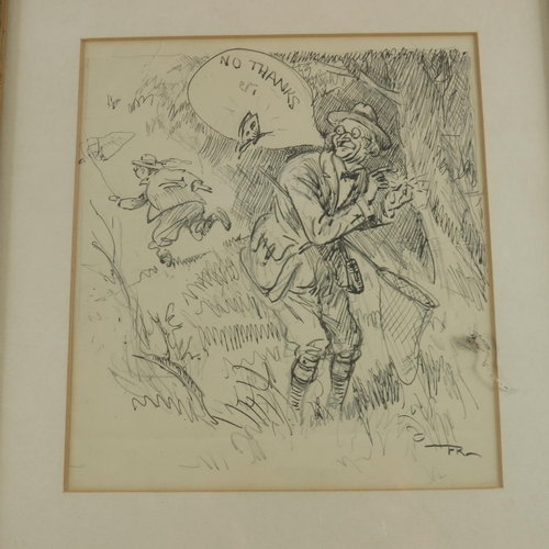 1384 - FRANK REYNOLDS, 2 SKETCHES, CARTOONS/ ILLUSTRATIONS,  BUTTERFLY CATCHING AND FISHERMAN APPROX. 19 X ... 