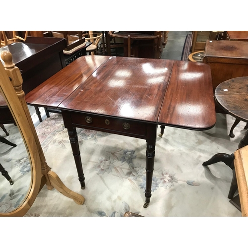 199 - VICTORIAN PEMBROKE TABLE WITH TURNED LEGS AND ORIGINAL BRASS CASTERS