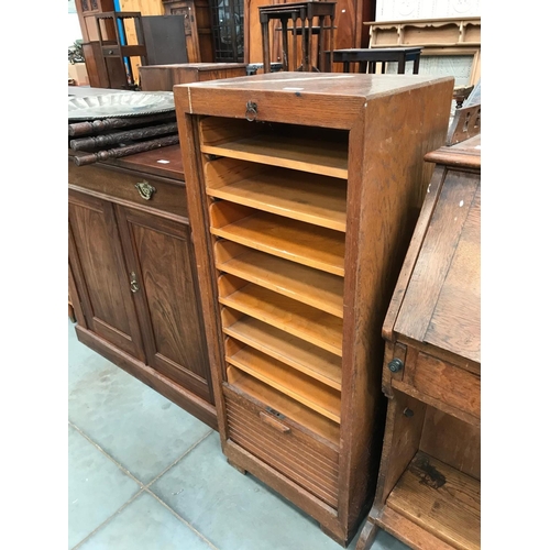 214 - EARLY 20TH CENTURY OAK TAMBOUR FRONT STATIONERY CABINET WITH SHELVES