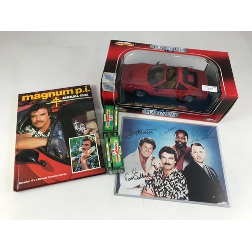 233 - MAGNUM PI COLLECTERS ITEMS INCLUDING MAJORETTE PLATINUM 1:18 SCALE FERRARI 328 GTS PLUS MAGNUM PI AN... 