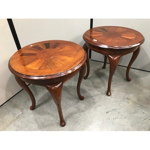 311 - PAIR OF ROUND TOP OCCASIONAL TABLES WITH RADIATING INLAYS EACH RAISED ON 4 CABRIOLE LEGS