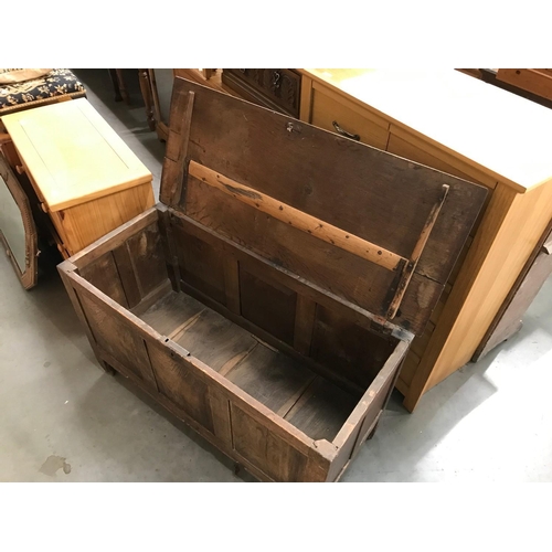 33 - PANELLED OAK COFFER ON STILE FEET