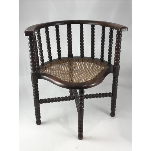 343 - CORNER CHAIR WITH CANED SEAT, BOBBIN TURNED SUPPORTS AND STRETCHER