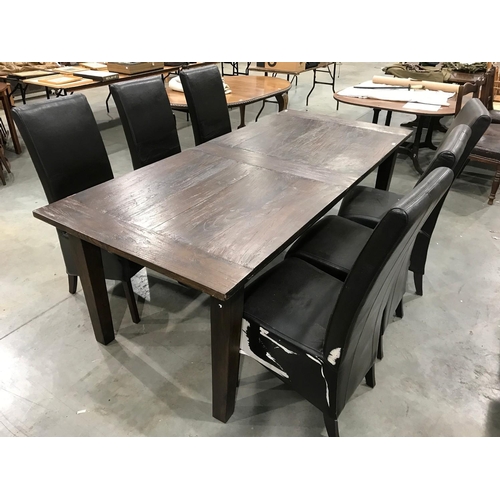 365 - LARGE INDONESIAN DINING TABLE, approx. 220 x 99 cm TOGETHER WITH 6 MATCHING  'LEATHER' UPHOLSTERED D... 