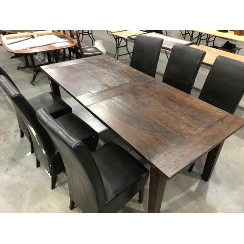 365 - LARGE INDONESIAN DINING TABLE, approx. 220 x 99 cm TOGETHER WITH 6 MATCHING  'LEATHER' UPHOLSTERED D... 